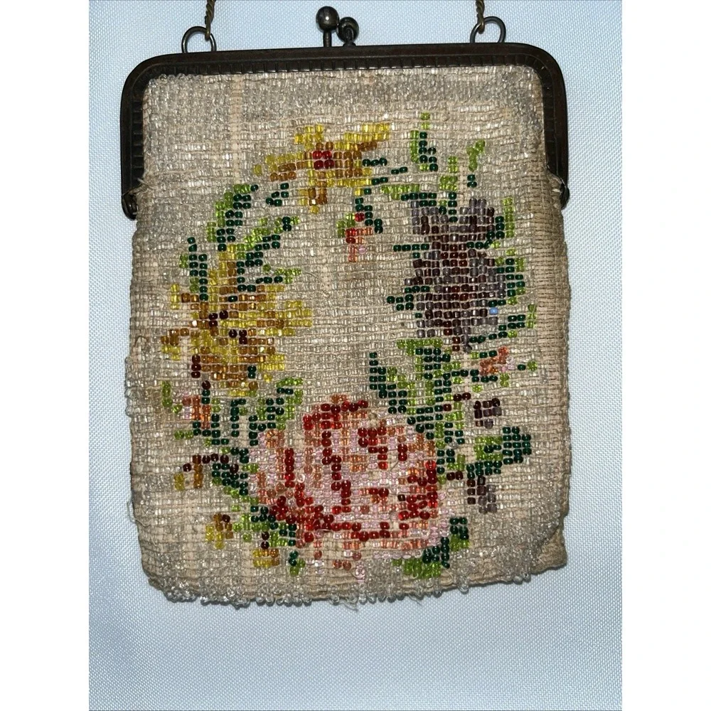 As Is Antique Micro Beaded Purse Floral For Repair Parts Crafting 1920's Frame